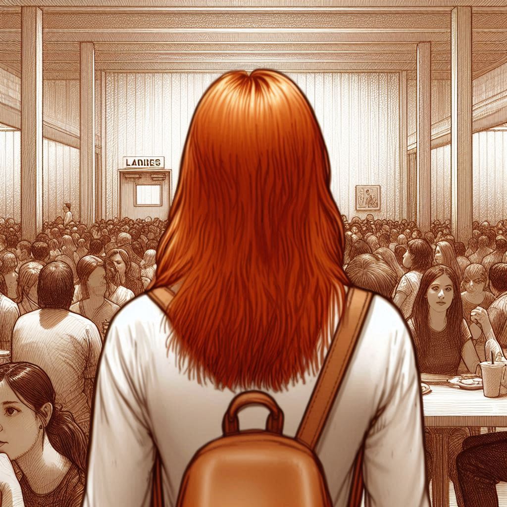 Womans in crowded room, looking a the loo doors